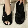 Pantuflas de felpa para mujer con tiras cruzadas, silenciosas y antideslizantes, con suela suave, diseño a rayas beige, adecuadas para el dormitorio, material de algodón, en stock