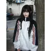 Jaqueta Cardigan Gola Alta Retro Americano High Street Color Block Outono e Inverno Novo Estilo Preguiçoso Solto Lã Grossa Listrada com Zíper