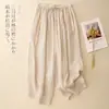279 # Calça lanterna de algodão e linho de cor sólida artística para mulheres, primavera-verão, cintura elástica, cordão, modelagem solta, tamanhos grandes, calça casual cropped de perna larga