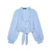 Para Comercio Exterior Europeo y Americano Transfronterizo Ropa de Mujer Aliexpress Más Vendido Verano Camisa Corta Azul y Blanca con Lazo