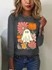 Nova T-shirt Estampada de Manga Longa com Desenho de Fantasma Cartoon para Halloween Feminina Gola Redonda Solta Casual Estilo Outono Inverno