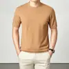 Camiseta de Punto Fina de Lujo Ligero para Hombre, Manga Corta para Primavera y Otoño, Moda y Tendencia, Sencilla Camisa Base de Lana con Cuello Semi Alto