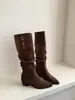 Botas apiladas de doble uso con pliegues estilo coreano, botas largas de caña alta para mujer, botas largas hasta la rodilla con tacón grueso puntiagudo vintage para otoño e invierno 2026