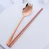 Palitos e Colher de Aço Inoxidável 304 Conjunto de Duas Peças Portátil Colher Garfo Palitos Integrados Conjunto de Jantar para Estudantes Cafeteria Viagem