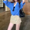 Camisa Elegante Azul com Decote V Fina de Manga Longa para Mulheres, Blusa Solta de Verão com Proteção Solar, Top Casual Estilo Old Money, Saia Curta