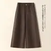 Calça feminina de lã de perna larga, novo estilo espesso de outono e inverno, cintura alta, solta, com caimento, amigável para baixinhas, comprimento de nove pontos, calça elegante casual de perna reta