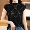 Moda 2024 chaleco de lana peinada Nuevo cuello alto medio encaje hueco camiseta interior para mujer jacquard top de manga corta