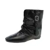 Botas de cuero elegantes y plisadas de punta cuadrada de caña media, de moda 2026, para otoño e invierno, con tacón grueso, para mujer
