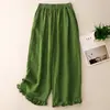 Calça pantalona franzida estilo retrô 2026 para mulheres, novo estilo de verão, cintura elástica, corte solto, versátil, calça casual cropped