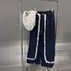 Primavera 2025 Elegantes Franceses Combinan con Todo Altos Azul Oscuro Con Borde de Oreja Encaje Jeans