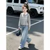 Conjunto de Primavera y Otoño para Niñas 2026 Nuevo Estilo Coreano Estilo Academia Sudadera con Cuello Polo Lazo Pantalones de Pierna Ancha de Mezclilla Dos Piezas