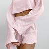 Estilo Nuevo Europeo y Americano Jacquard Rosa Cómodo Transpirable Holgado Manga Larga Pantalones Cortos Pijama de Otoño e Invierno para Mujer Exclusivo Transfronterizo Ropa de Casa