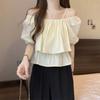 Albaricoque camisa de muñeca con tirantes descubiertos y manga abullonada para mujer verano 2024 nuevo chic cuello cuadrado manga corta camisa top corto