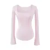 Elegante y Madura Blusa Cuadrada de Manga Larga, Nuevo Modelo Primavera/Verano 2026, Ceñida a la Cintura, Corte Entallado, Favorecedora, Camiseta de Manga Acampanada para Superponer