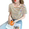 Nueva Camiseta de Manga Corta de Comercio Exterior para Mujer Verano 2025 Nueva Cuello Redondo Elegante Ajustada Manga Corta Rayas Camiseta de Manga Corta Moderna para Mujer