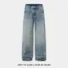 Novedad Primavera 2026 Jeans de Pierna Recta Sueltos Estilo Americano para Hombre Lavados con Textura de Bambú, Marca de Moda, Artesanía de Bigotes de Gato Desgastados Vintage