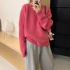Suéter Raglan Simples de Cor Sólida com Gola Redonda Estilo Preguiçoso para Mulheres Solto Casual Mesclado Espessado Comprimento Médio Tricotado Mangas Longas