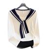 Camiseta de Manga Larga con Cuello Azul Marino, Cordones, Chal, Diseño Nuevo Primavera y Otoño 2025, Top Corto con Pliegues en la Cintura para Mujer
