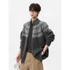 Suéter de tricô com jacquard de outono Fair Isle, estilo casual vintage, cardigã com zíper, casaco masculino com gola alta dupla, caimento solto