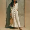 2026 Envío transfronterizo Verano europeo y americano estilo nuevo vestido, elegante vestido largo para mujer de corte holgado que ciñe la cintura con bolsillos abotonados