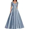 Vestido de Noche Formal Europeo y Americano Comercio Exterior Vestido Largo Formal de Noche Aplique de Encaje Vestido de Graduación Manga Corta Vestido para Madrina de Boda Mujer