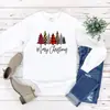 Feliz Natal T-shirt com Estampa de Leopardo Xadrez Árvore de Natal Gola Redonda Manga Longa Feminina Manga Curta