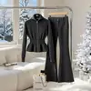 Conjunto de Dos Piezas de Punto de Alta Gama para Mujer, Cardigan y Pantalón de Pierna Ancha, Color Gris Oscuro, Venta Caliente Otoño e Invierno 2025, Juvenil y Elegante