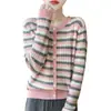 Cárdigan de punto a rayas de colores retro para mujer, otoño invierno, suave, esponjoso, estilo perezoso, suéter, prenda exterior rejuvenecedora