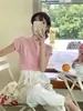 Talla actualizada INS retro color caramelo versátil cuello alto corte entallado favorecedor camiseta de manga corta top ropa de mujer 16806