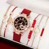 Relógio Quartz Europeu e Americano Transfronteiriço Novo para Mulheres com Mostrador Cravejado de Diamantes Pulseira de Couro Conjunto de Pulseira com Contas em Estoque 6 Peças/Conjunto