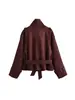 Chaqueta corta de ante sintético para mujer de comercio exterior transfronterizo, con cuello alto, mangas raglán, diseño de doble botonadura, cinturón y un estilo retro de ropa de trabajo.