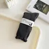 Meias Femininas Doces com Babados de Cano Alto Afrouxadas, Meias Longas Caneladas de Cor Sólida com Agulha Dupla de Algodão, Meias Longas Simples Off-White