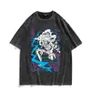 Camiseta Vintage Lavada com Estampa de Anime Japonês Nika Forma 5 Luffy, Manga Curta de Algodão
