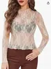 Moda Feminina Europeia e Americana 2026 Novo Sexy Pulôver Renda Manga Longa Camisa Transparente Malha Transparente Top de Renda