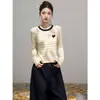 Suéter de Tricô Listrado Fresco Estilo Coreano para Mulheres Primavera/Outono Blocos de Cor Bordado de Coração Modelagem Justa Roupa de Baixo Camada Base Manga Longa