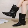 Outono 2026 Novo Estilo Retrô Bico Fino Fivela de Couro Botas com Salto Bloco Meio da Panturrilha Botas de Cavaleiro Emagrecedoras Botas de Motocicleta