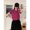 Oferta especial não reembolsável primavera novo coreano básico cor sólida gola polo manga curta tricô blusa feminina 2790