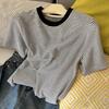 Playera de Manga Corta con Cuello Redondo a Rayas Diplomáticas en Contraste de Color Pequeña Vintage para Mujer Verano Suelta Adelgazante Casual Combinable Top de Moda