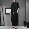 Nueva camisa de lino de manga corta estilo chino para hombre, fina de verano, cuello mao, botones, traje Tang, conjunto de camisa de seda helada y pantalones largos de talla grande