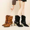 Botines de gamuza estilo coreano, nuevos, sin cordones, con encaje plisado, punta fina, tacón alto apilado, hebilla metálica, moda para mujer