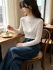 Camisa base de encaje con cuello medio alto y pelo de visón para mujer en otoño e invierno, con ribete de encaje con volantes, corte ajustado, rayas verticales caladas y capa interior de punto