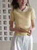 EGKA top de punto corto de manga corta con cuello de muñeca de punto trenzado en color de contraste para mujer, verano, corto, ajustado, favorecedor, hombro normal, ropa dulce
