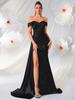 Vestido de Noite Preto de Um Ombro com Fenda Alta Estilo Novo Europeu e Americano, Vestido Longo de Cetim Elegante e Clássico para Anfitriã de Banquete