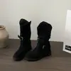 Hebilla de cinturón vintage desgastada, botas apiladas para mujer, nuevo modelo de otoño 2026, botas de trabajo de tacón grueso a media pantorrilla, botas versátiles de moda estilo europeo y americano