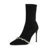 Botines de Tacón Alto con Punta Fina de Lujo Ligero para Mujer, Tacones de Aguja de Gamuza Negra con Pedrería, Botines Elásticos Ajustados, Botas Elegantes para Dama