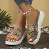 Sandalias de dedo para mujer de talla grande con estampado de estilo étnico, estilo romano plano para playa, venta al por mayor transfronteriza, nuevo estilo europeo y americano 2025