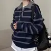 Suéter tejido casual versátil de estilo coreano retro juvenil, holgado, de bloques de color, a rayas, con cuello de solapa, de manga larga