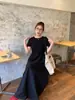 Ropa para Mujer de Tallas Grandes, Vestido de Retazos con Cuello Redondo y Manga Corta Estilo Jiangnan para Mujer, Alta Elasticidad, Vestido Largo Dulce y Adelgazante