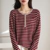 Suéter Feminino de Algodão Listrado Manga Longa Primavera e Outono 2025 Nova Camiseta Básica Casual Solto Gola Redonda Mulher