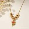 Colar de Aço Inoxidável com Pingente de Flor Tulipa Gotejante de Óleo, Colar Estiloso e Elegante, Corrente de Clavícula Fresca e Simples, Corrente de Contas
